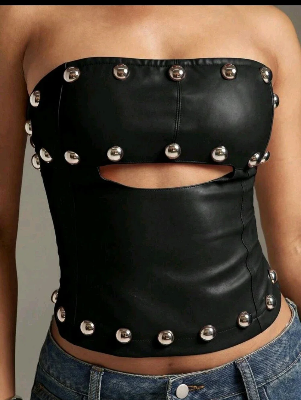 Strapless Black Faux Leather Studded Corset Top XL - Picture 3 of 7